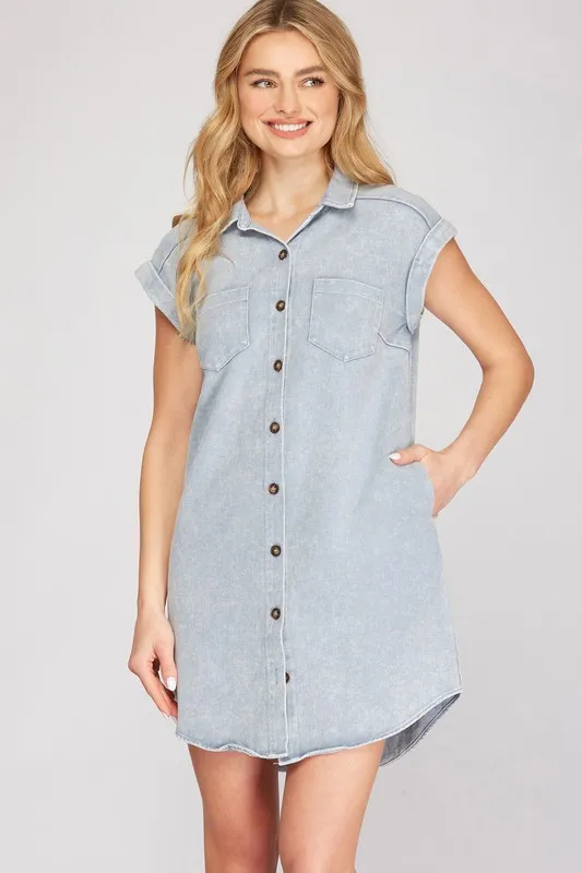 Full Size Folded Cuff Button Down Washed Twill Shirt Dress Plus Size - Blue Grey