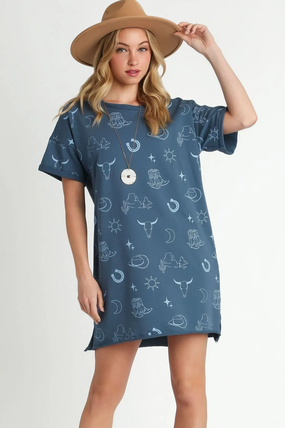 Full Size French Terry Short Sleeve Round Neck Dress Plus Size -  Peacock  Blue