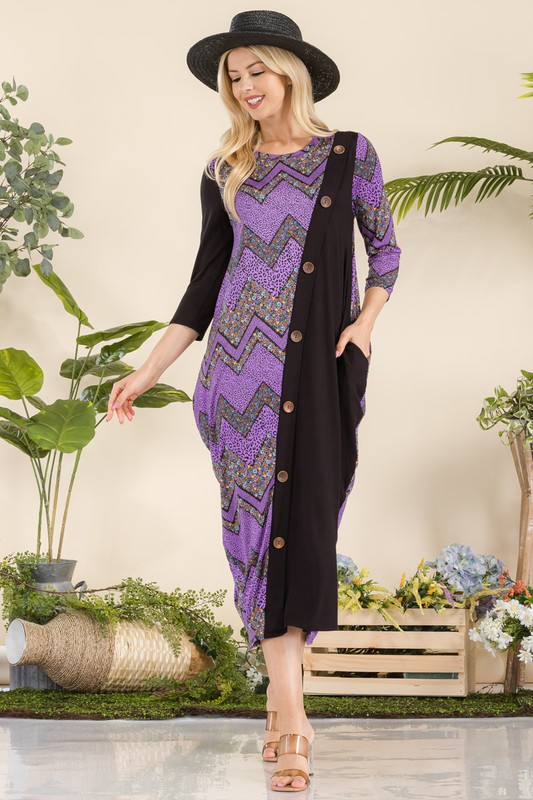 Full Size Geo Print Paneled Dress with Buttons Plus Size - Lilac Geometric