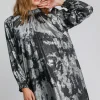 Full Size Mock Neck Flounce Sleeve Metallic Dress Plus Size - Black