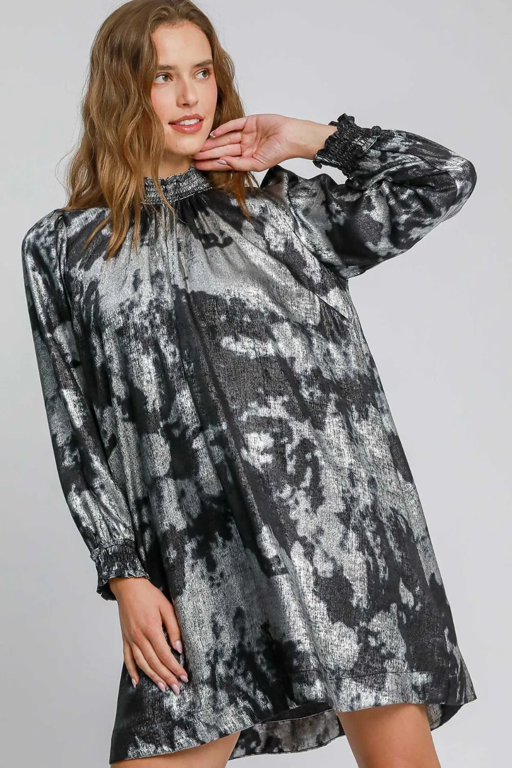 Full Size Mock Neck Flounce Sleeve Metallic Dress Plus Size - Black