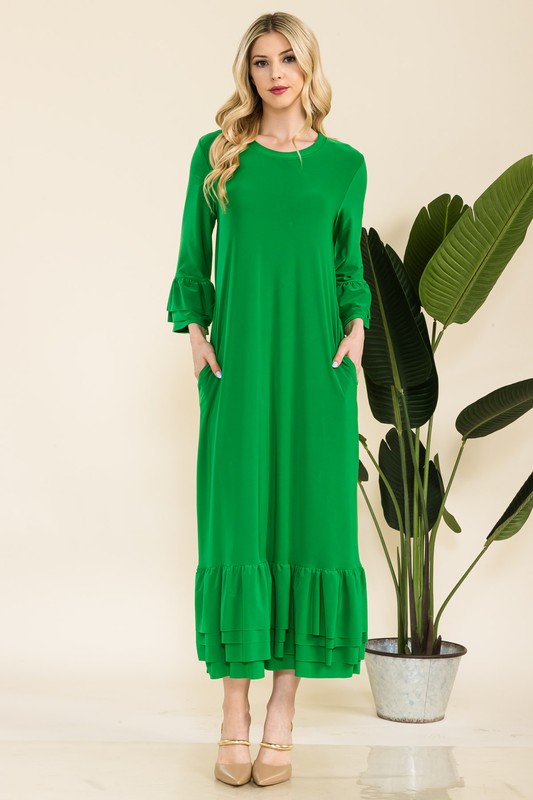 Full Size Modest Midi Dress with 3/4 Ruffle Bell Sleeves Plus Size - Green