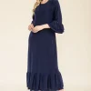 Full Size Modest Midi Dress with 3/4 Ruffle Bell Sleeves Plus Size - Navy