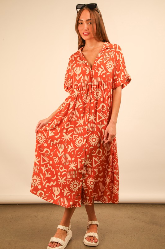 Full Size Oversized Printed Shirt Midi Dress Plus Size - Sunset Mix