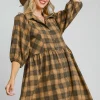 Full Size Plaid Button Front Collared Neck Mini Shirt Dress Plus Size - Mustard