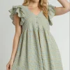 Full Size Plaid V-Neck Ruffle Cap Sleeve Dress Plus Size - Sage