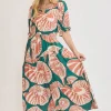 Full Size Printed Notched Puff Sleeve Midi Dress Plus Size - Green/Clay
