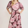 Full Size Printed Notched Puff Sleeve Midi Dress Plus Size - Plum/Mauve