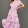 Full Size Printed Notched Short Sleeve Tiered Dress Plus Size - Heliotrope Purple