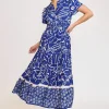 Full Size Printed Notched Short Sleeve Tiered Dress Plus Size - Royal Blue