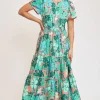Full Size Printed Notched Short Sleeve Tiered Dress Plus Size - Teal