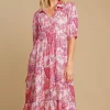 Full Size Ruffled Hem Floral Paisley Print Half Sleeve Midi Dress Plus Size - Pink Mix