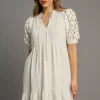 Full Size Ruffled Hem Heart Lace Sleeve Tie Neck Dress Plus Size - Oatmeal