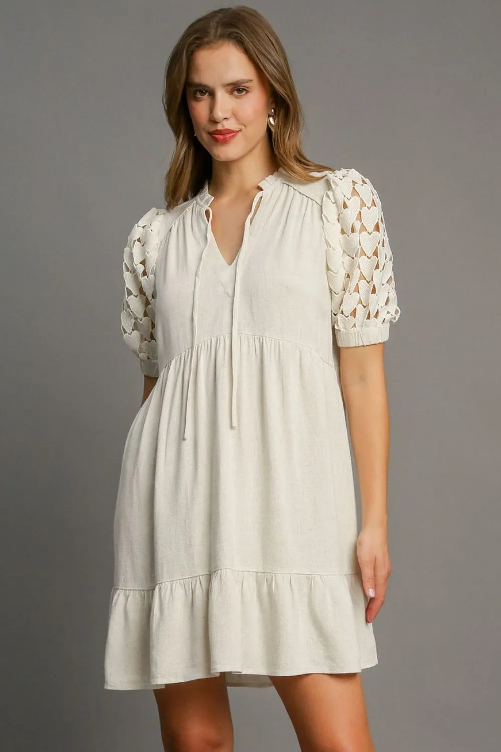 Full Size Ruffled Hem Heart Lace Sleeve Tie Neck Dress Plus Size - Oatmeal