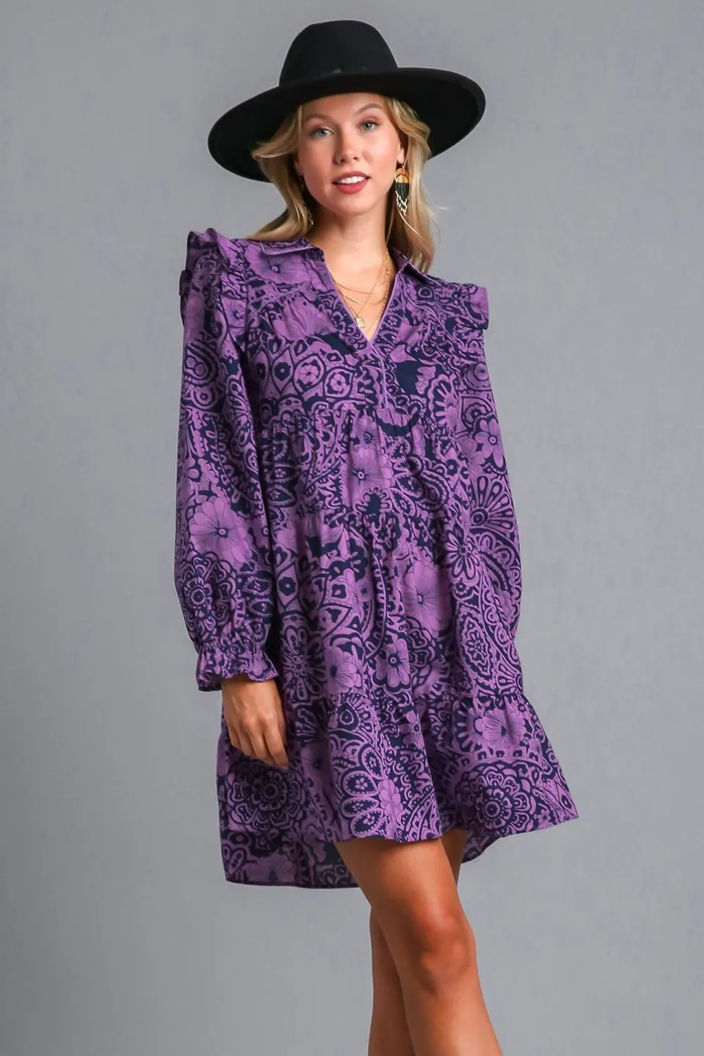 Full Size Ruffled Printed Piping Detail Long Sleeve Dress Plus Size - Violet