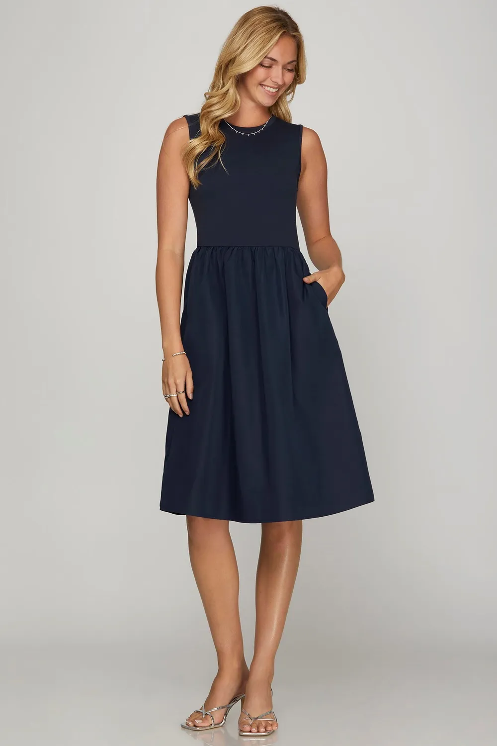 Full Size Sleeveless Poplin Woven Midi Dress with Pockets Plus Size - Dark Navy