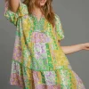 Full Size Smocked Floral Puff Sleeve Mini Dress Plus Size - Green Mix