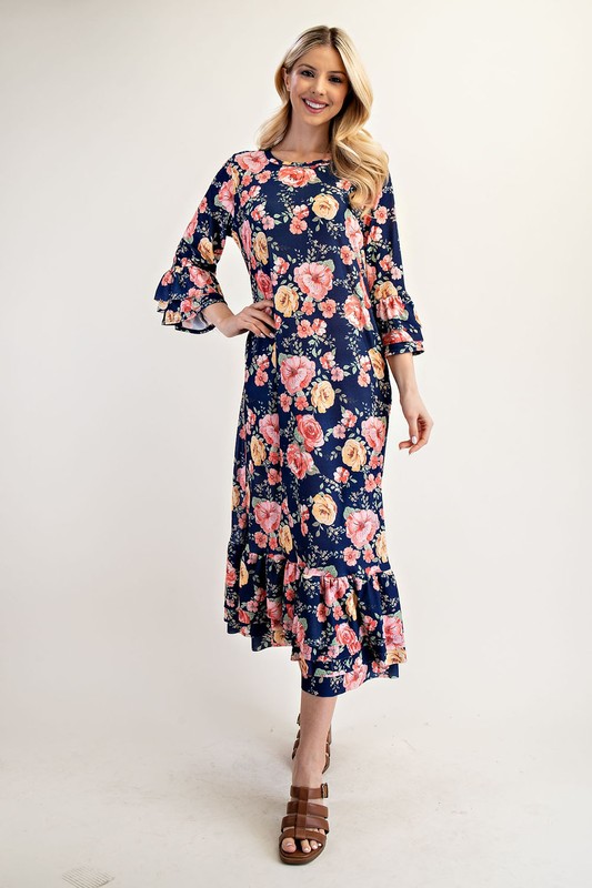 Full Size Soft Floral Ruffle Trim Dress Plus Size - Navy Floral