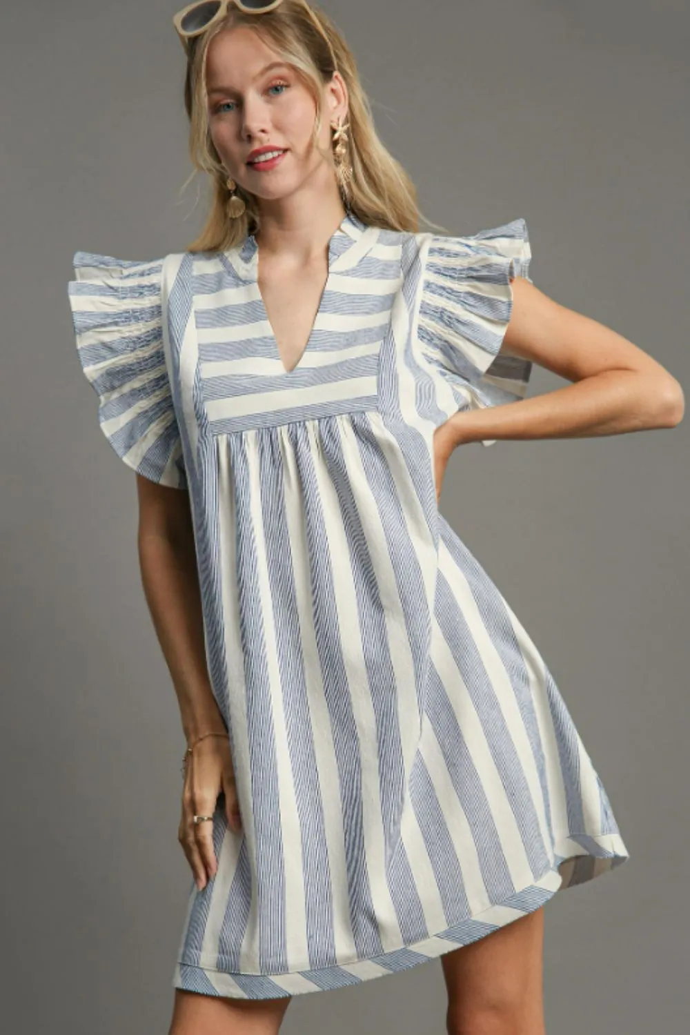 Full Size Striped Notched Ruffled Cap Sleeve Mini Dress Plus Size - Light Blue