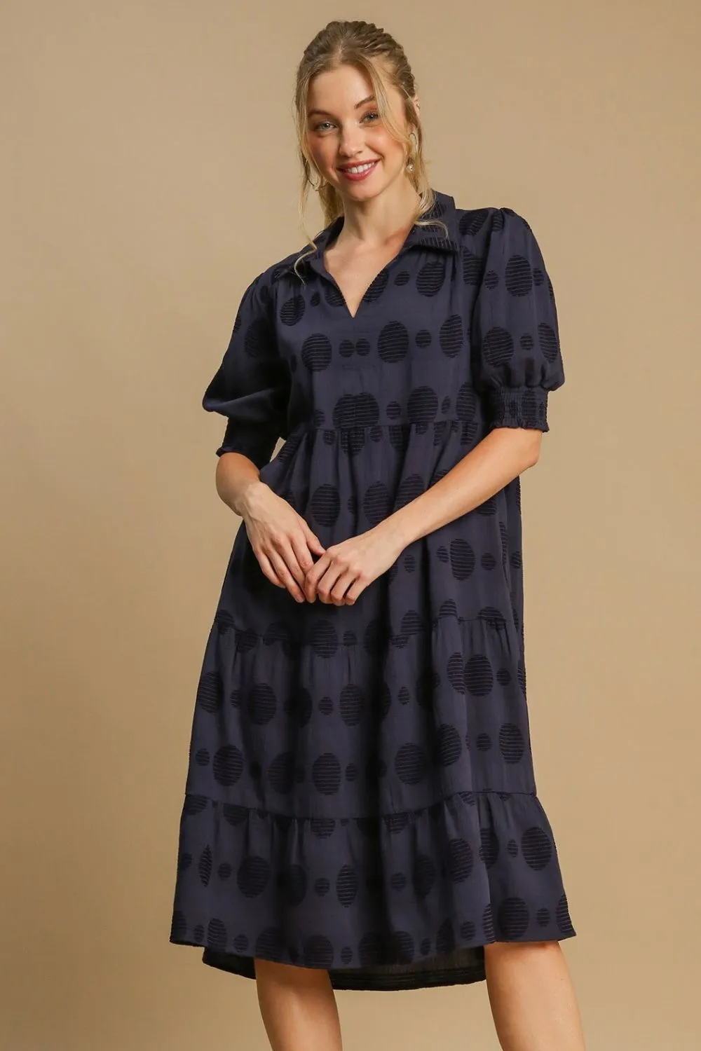 Full Size Swiss Dot Jacquard Tiered Midi Dress Plus Size - Dark Navy