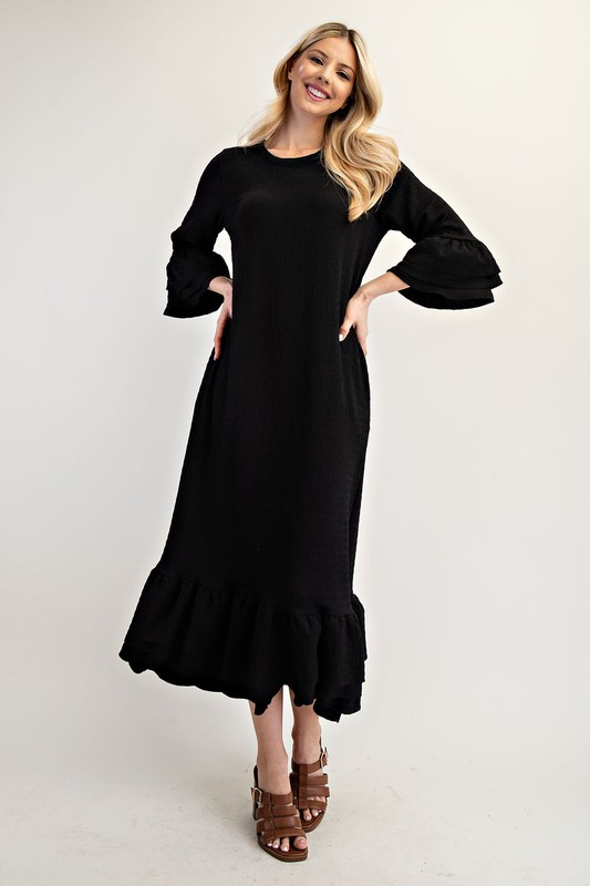 Full Size Textured Ruffle Hem Modest Dress Plus Size - Black