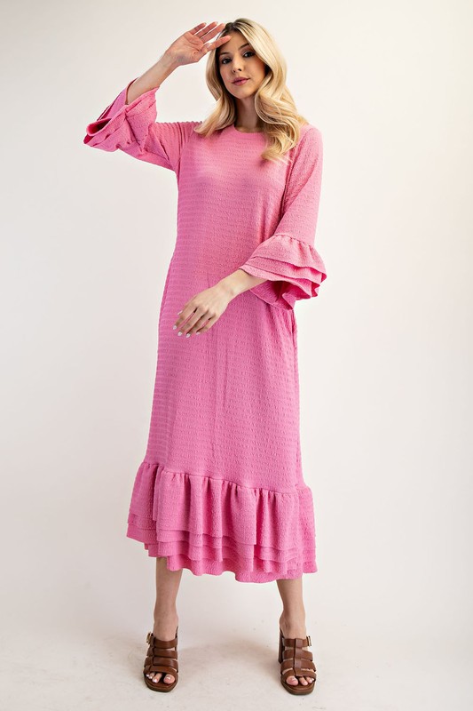 Full Size Textured Ruffle Hem Modest Dress Plus Size - Pink