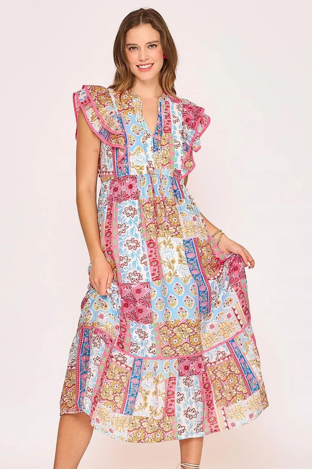 Full Size Tie Neck Double Layered Ruffle Sleeve Midi Dress Plus Size - Pink Mix