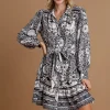 Full Size Two Tone Floral Border Print Tie Waist Mini Dress Plus Size - Black