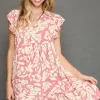 Full Size Two Tone Printed Ruffled Cap Sleeve Mini Dress Plus Size - Blush Pink