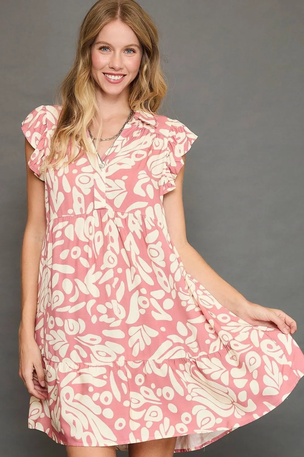 Full Size Two Tone Printed Ruffled Cap Sleeve Mini Dress Plus Size - Blush Pink