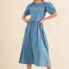 Full Size Washed Chambray Midi Dress Plus Size - Denim Blue