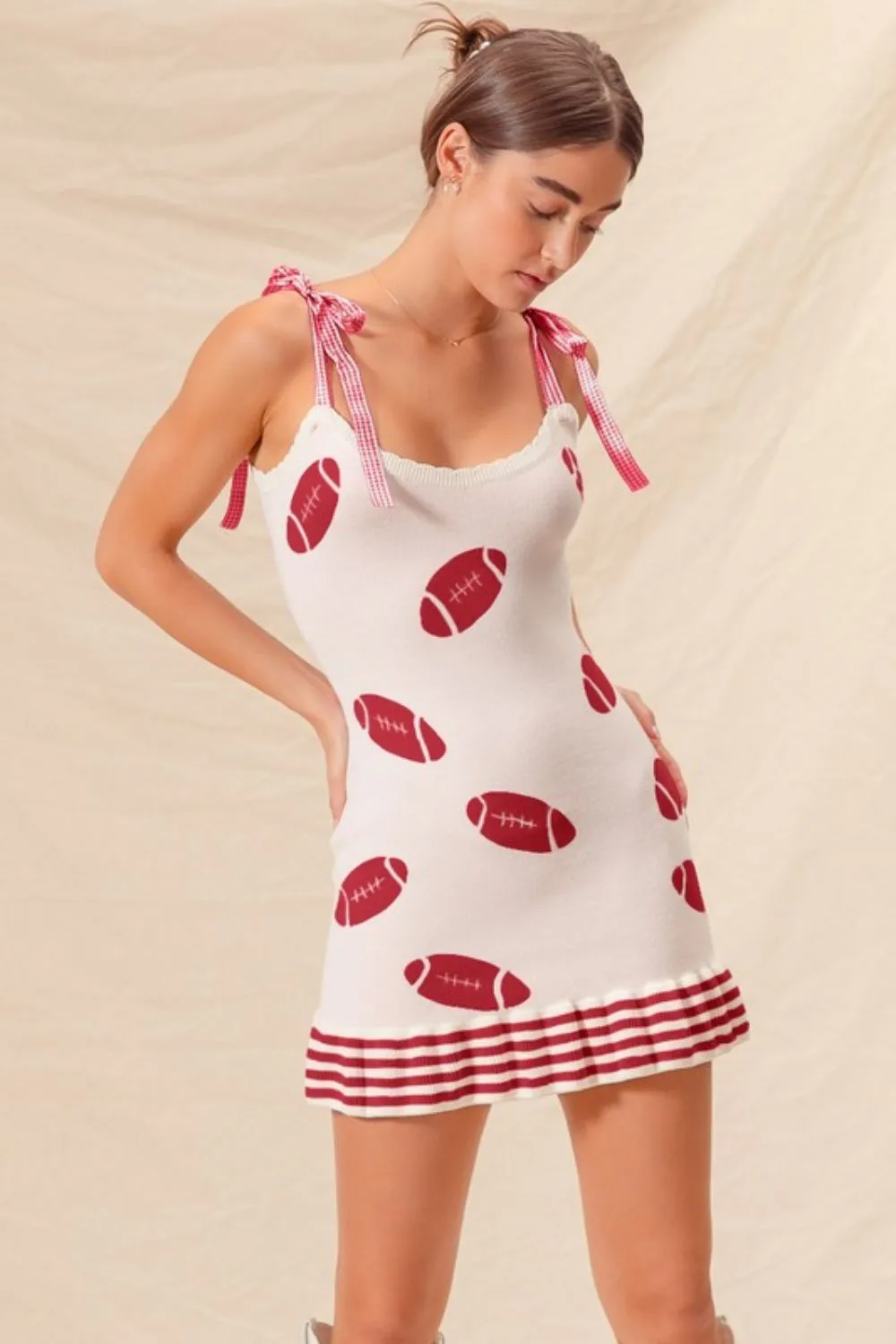 Gameday Football Knitted Mini Dress - Ivory/Red