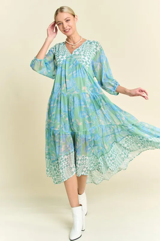 Geo-and-Floral-Print-Mixed-Tiered-Dress-Mint-Green-1