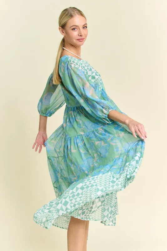 Geo-and-Floral-Print-Mixed-Tiered-Dress-Mint-Green-3