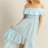 High-Low Eyelet Ruffled Off-Shoulder Dress -  Pastel  Blue