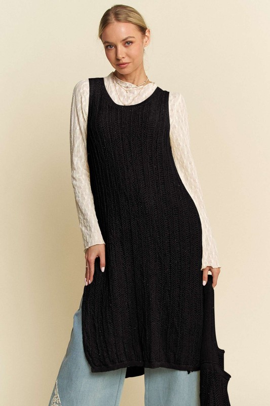 Knit Side Slit Round Neck Sleeveless Dress & Bag - Black