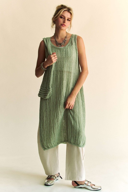 Knit Side Slit Round Neck Sleeveless Dress & Bag - Sage