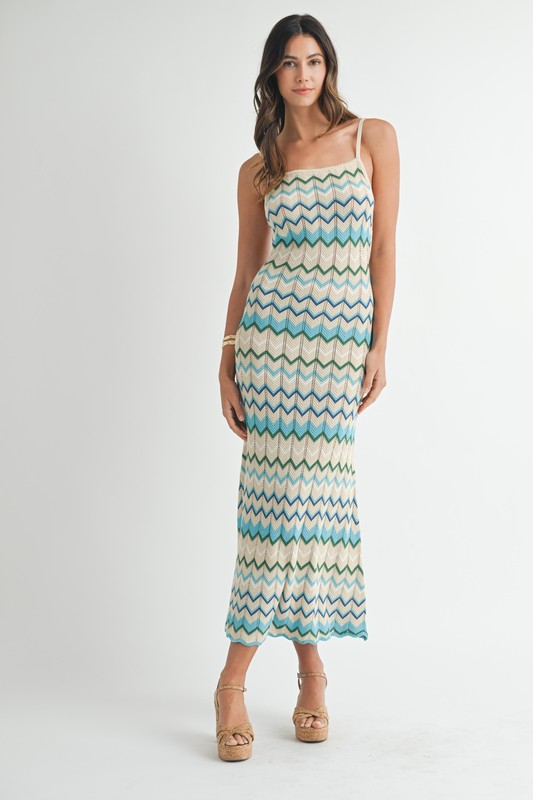 Lightweight Pointelle Chevron Knit Maxi Dress - Aqua