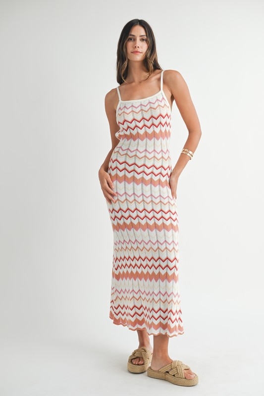 Lightweight Pointelle Chevron Knit Maxi Dress - Salmon