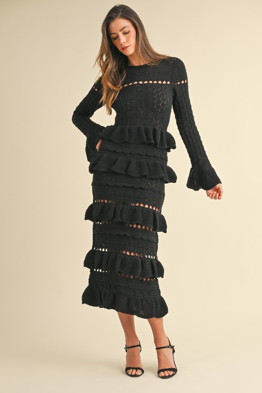Long Sleeve Tiered Ruffle Knit Midi Dress - Black