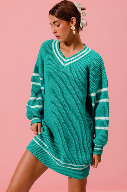 Loose V Neck Sweater Dress with Striped Sleeves - Jade