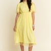Mesh Puff Short Sleeve Midi Dress - Yellow