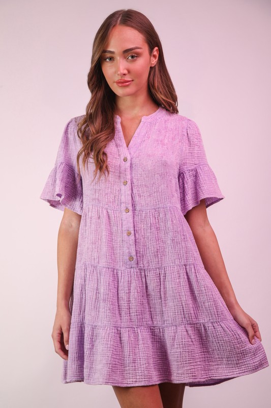 Mineral Washed Baby Bell Sleeve Woven Mini Dress - Lavender