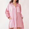 Multi Color Stripe Mixed Button Front Tunic Shirt Dress - Red Multi