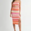 Multi Color Striped Front Cutout Knit Midi Dress - Pink Multicolor