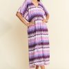 Multi Color Wavy Tie Waist Flowy Sleeve Dress - Lilac Multi