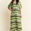 Multi Color Wavy Tie Waist Flowy Sleeve Dress - Sage Multi