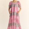 Multi Floral Square Neck Puff Sleeve Maxi Dress - Indian Pink