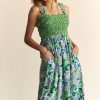 Multi Smocked Bodice Geo Ruffle Strappy Midi Dress - Hunter Green