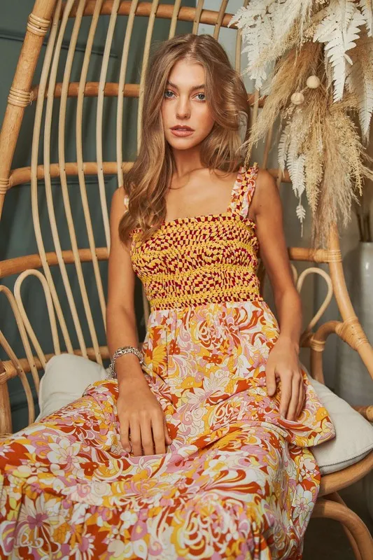 Multi-Smocked-Bodice-Geo-Ruffle-Strappy-Midi-Dress-Orange-Tan-2